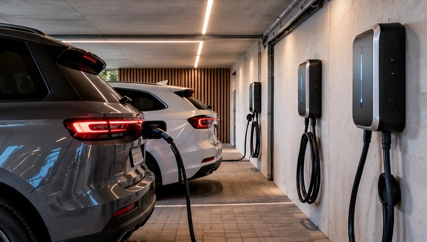 Professionelle Ladeinfrastruktur mit mehreren Wallboxen und Elektrofahrzeugen
