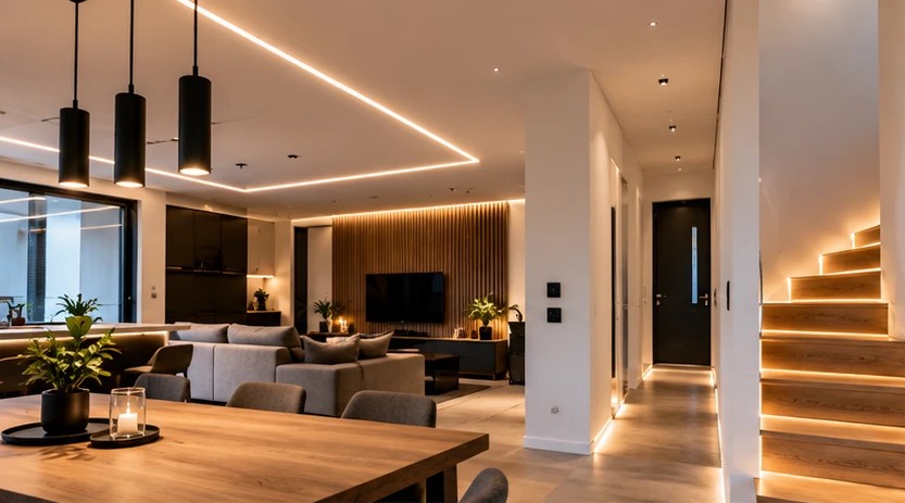 Moderner Wohnbereich mit LED-Lichtlinien und hochwertiger Licht- und Elektroinstallation